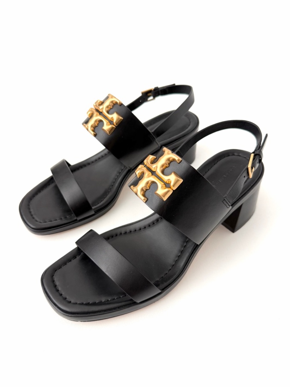 TORY BURCH | Eleanor 55mm Black Leather Logo Block Heel Slingback Sandals 9.5